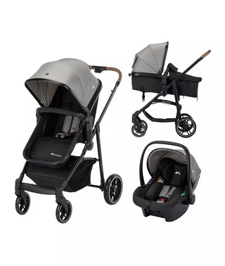 A multi-configuration baby travel system on a plain white background, showing a stroller, a bassinet mode, and an infant car seat in a coordinated black and gray colorway.