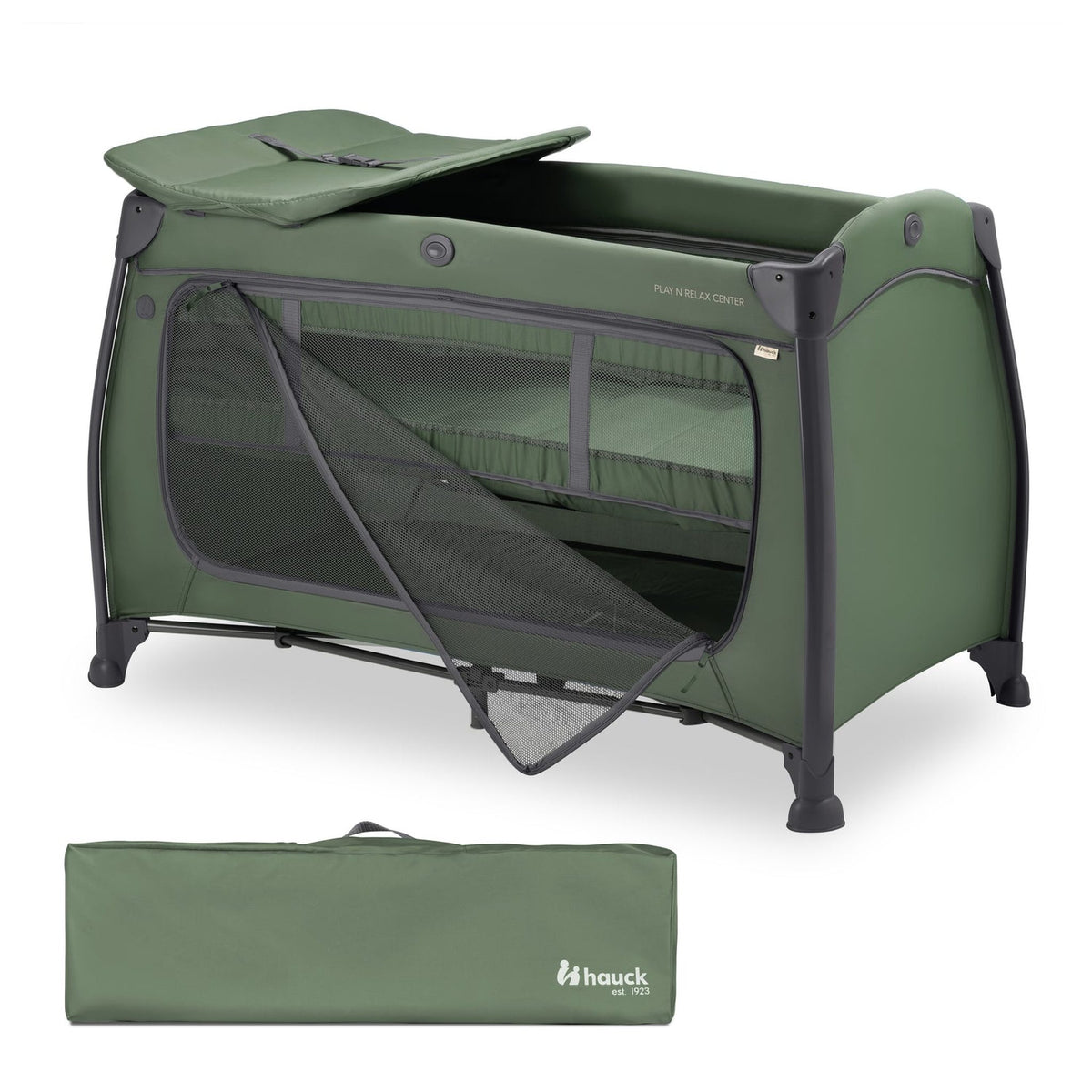 Hauck Play N Relax Center Travel Cot - Dark Green – three-quarter view