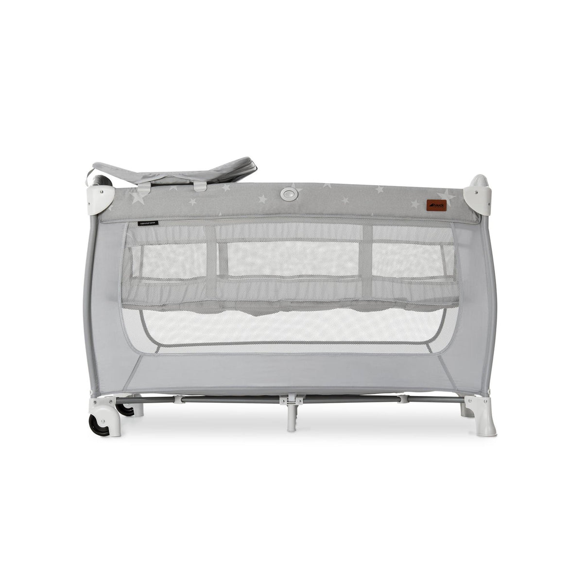 Hauck Sleep N Play Center - Travel Cot & Playpen - Grey Stars – side view with wheels