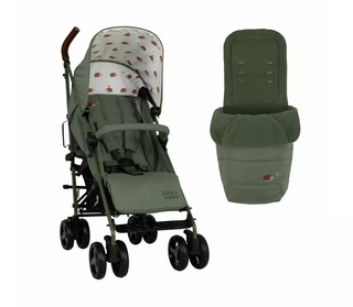 An olive green stroller with a patterned canopy next to an attached matching green car seat base, shown on a plain white background.