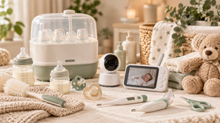 Baby feeding and safety essentials featuring a bottle steriliser, baby bottles, video baby monitor, digital thermometers and care accessories in a warm, neutral-toned nursery.