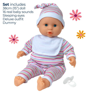 Dollsworld Baby Babble 38cm Soft Bodied Doll with 16 Baby Sounds & Sleeping Eyes - Ideal for Toddlers 18+ Months