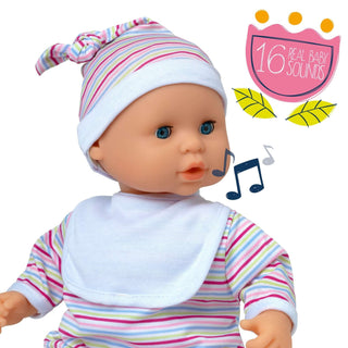 Dollsworld Baby Babble 38cm Soft Bodied Doll with 16 Baby Sounds & Sleeping Eyes - Ideal for Toddlers 18+ Months