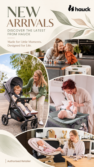 Promotional collage for Hauck baby products with the headline 'NEW ARRIVALS' and the Hauck logo. The layout includes four lifestyle photos of women using and demonstrating strollers, a bassinet, and a changing table in home and outdoor settings.