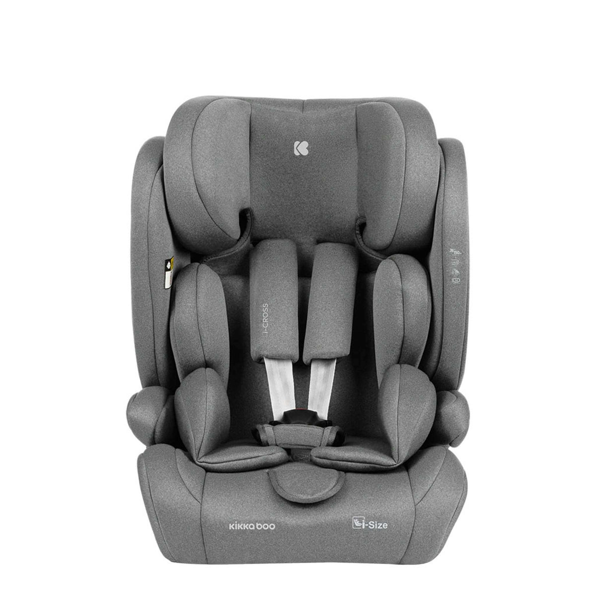 KikkaBoo i-Cross i-Size Car seat ISOFIX 76-150 cm Light Grey – front view with harness