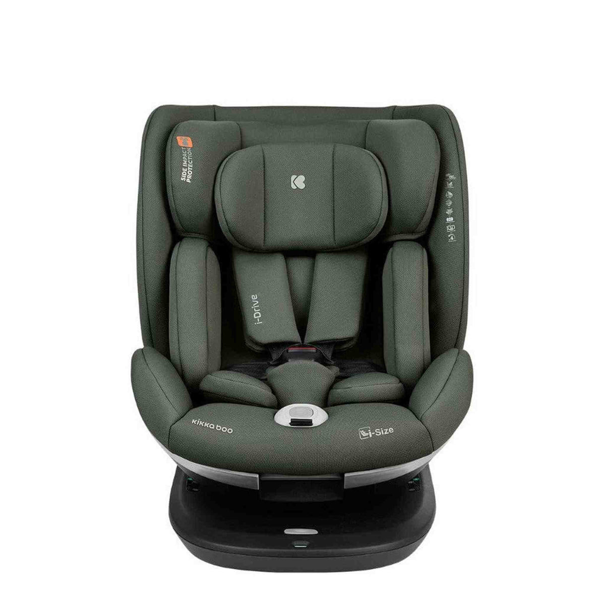 KikkaBoo i-Drive 360° Rotating Baby Child Car Seat i-Size ISOFIX 40-150 cm Army – front view with insert