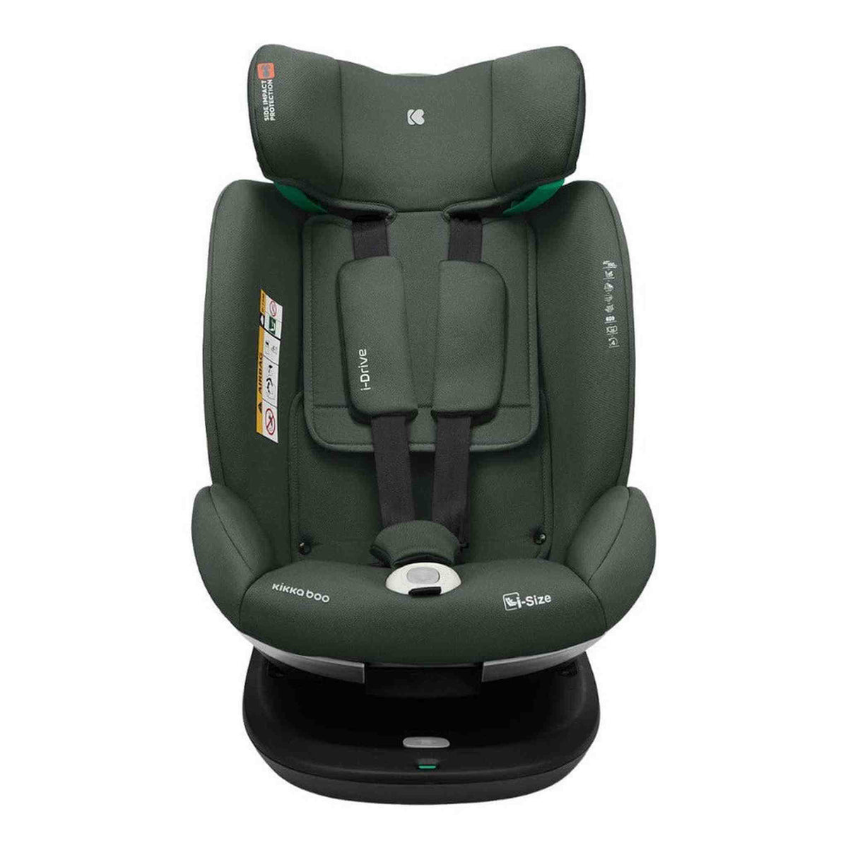 KikkaBoo i-Drive 360° Rotating Baby Child Car Seat i-Size ISOFIX 40-150 cm Army – front view with harness