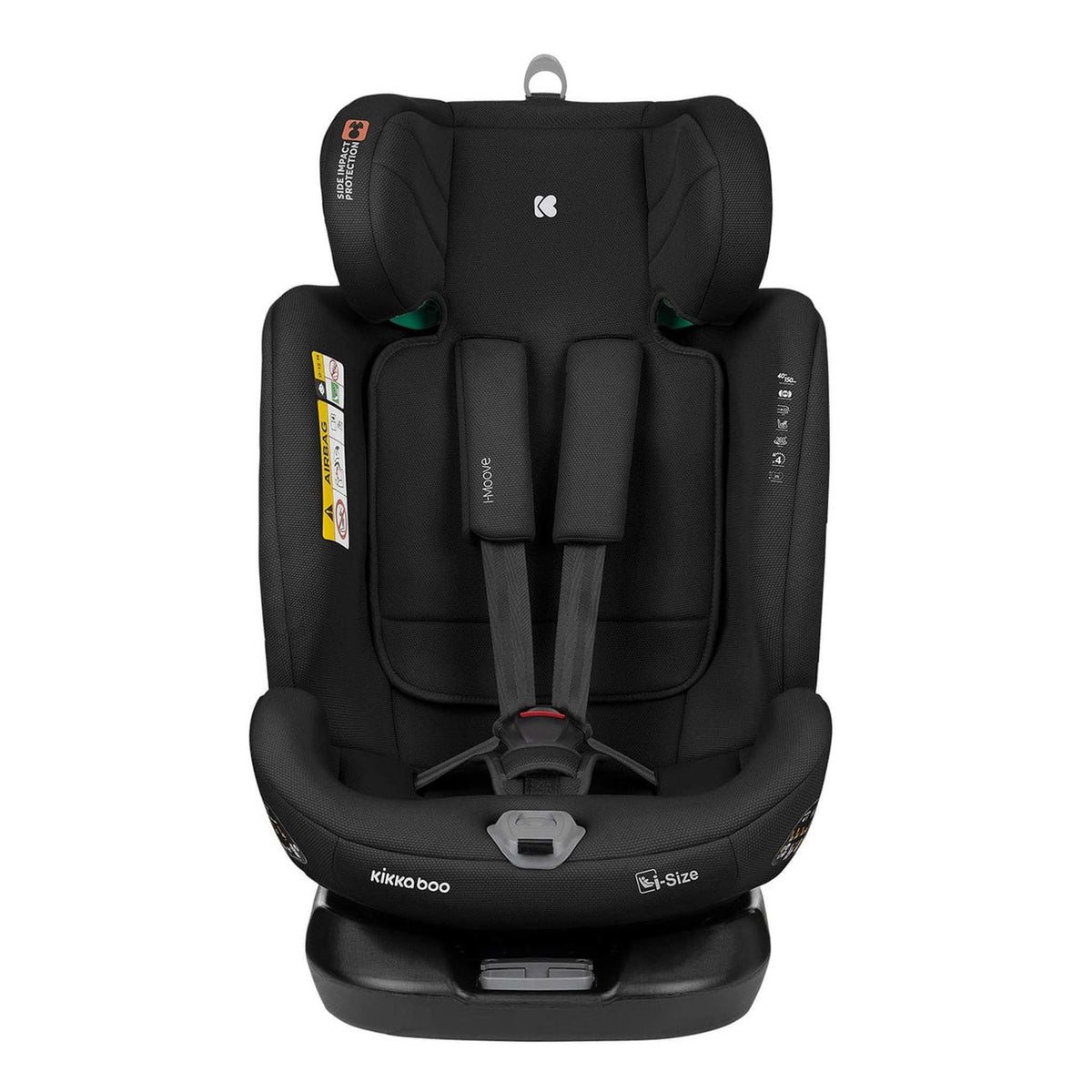 KikkaBoo i-Moove 360° Rotating Baby Child Car Seat i-Size With ISOFIX Black – front view with harness