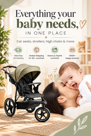 The Tiny Toddlers baby gear collection featuring a stroller, a happy baby and their mother.
