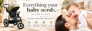 Advertisement for baby products with a stroller and baby being held, featuring text about baby essentials.