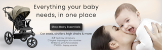 Advertisement for baby products with a stroller and baby being held, featuring text about baby essentials.
