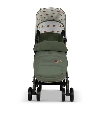 An olive green baby stroller accessory set including a footmuff and a matching bassinet cover with a brown acorn pattern, shown on a white background.