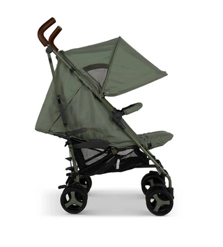 An olive green baby stroller with a matching canopy and seat cover, featuring a dark brown curved handlebar and black wheels, shown from a side profile on a white background.