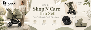 Hauck Shop N Care Trio Set promotional banner featuring a stroller, infant car seat, and carrycot in soft neutral tones, with a woman standing beside the stroller and product callouts on a light beige background.