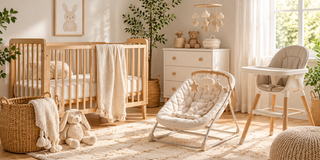 Neutral baby nursery with wooden cot, dresser, baby bouncer and high chair