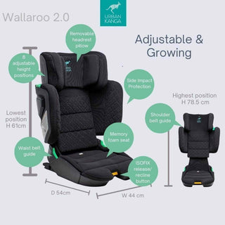 Urban Kanga Wallaroo 2 Car Seat Booster Portable & Foldable ISOFIX i-Size, Black