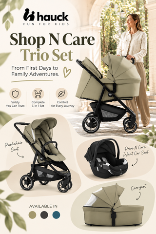 Hauck Shop N Care Trio Set promotional graphic showing a stroller, infant car seat, and carrycot in coordinated beige and black colors, with a woman standing beside the stroller in an outdoor patio setting. The image includes feature icons and color swatches.