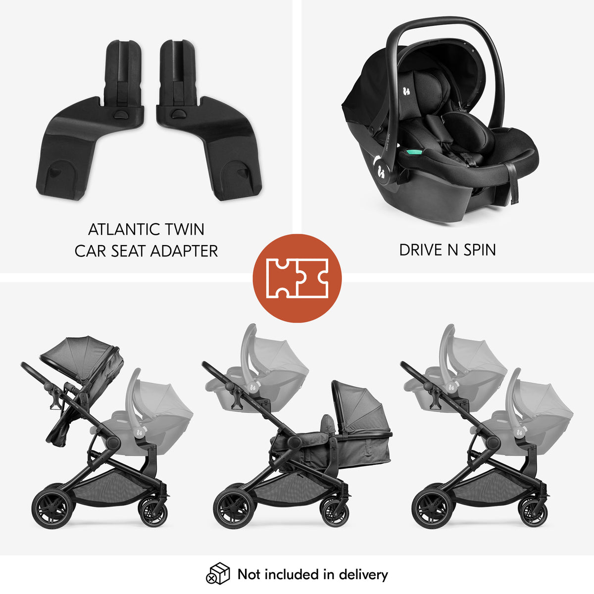 Hauck Atlantic Twin with car seat adapters and Drive N Spin infant car seats