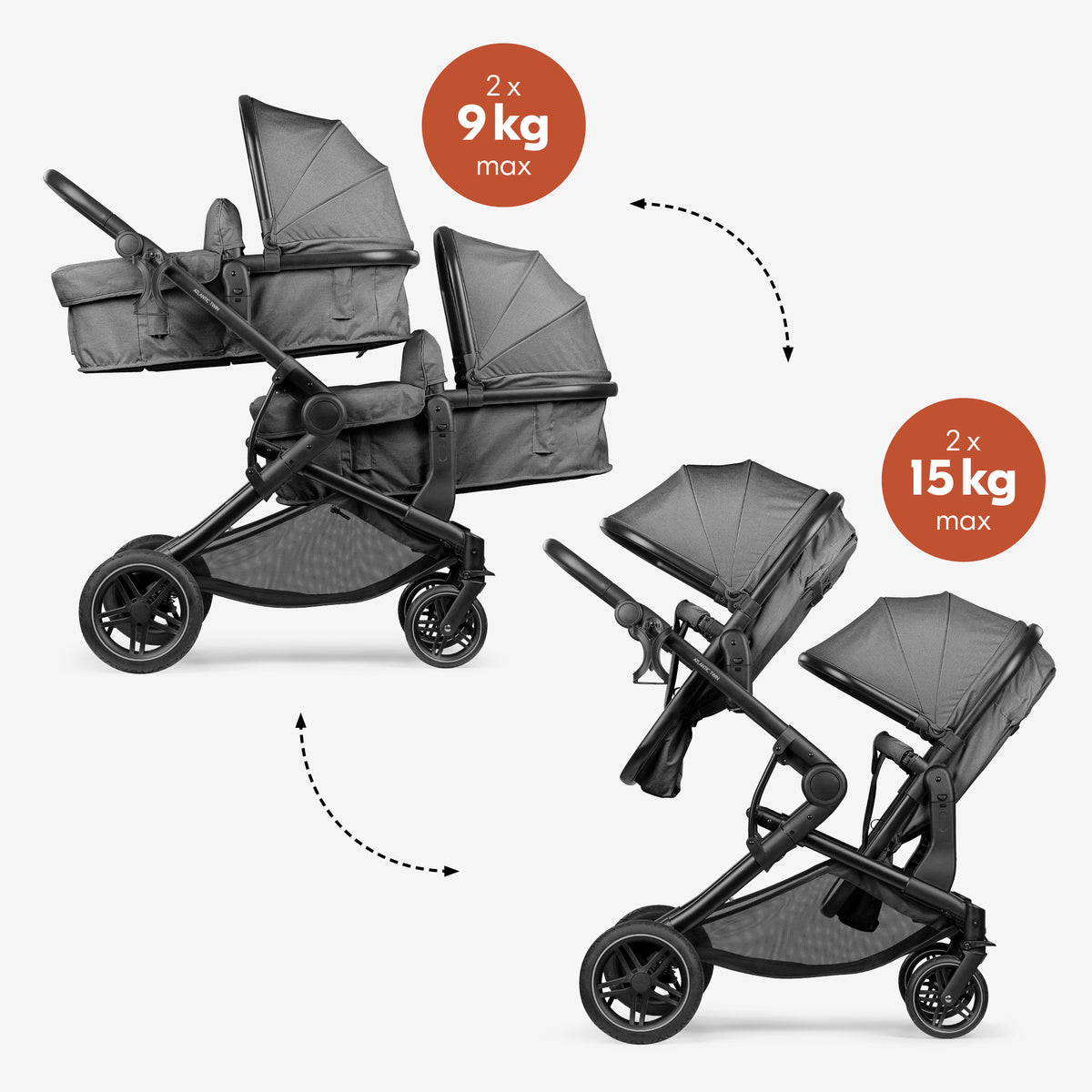 Hauck Atlantic Twin with two carrycots up to 9 kg and two seats up to 15 kg