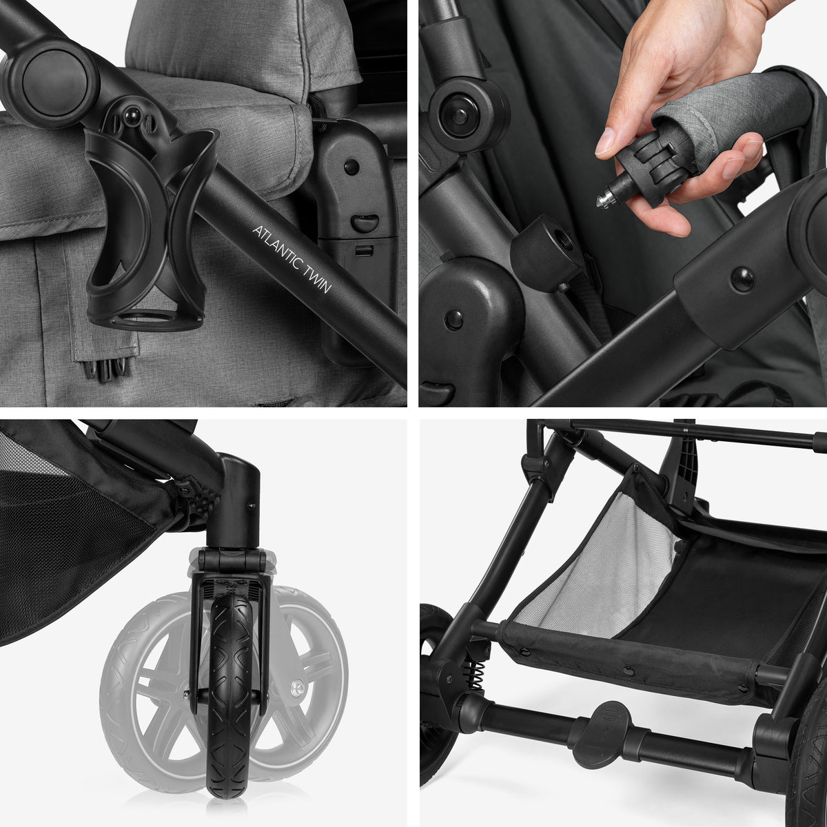 Hauck Atlantic Twin cup holder, brake, rubber tyres and basket details