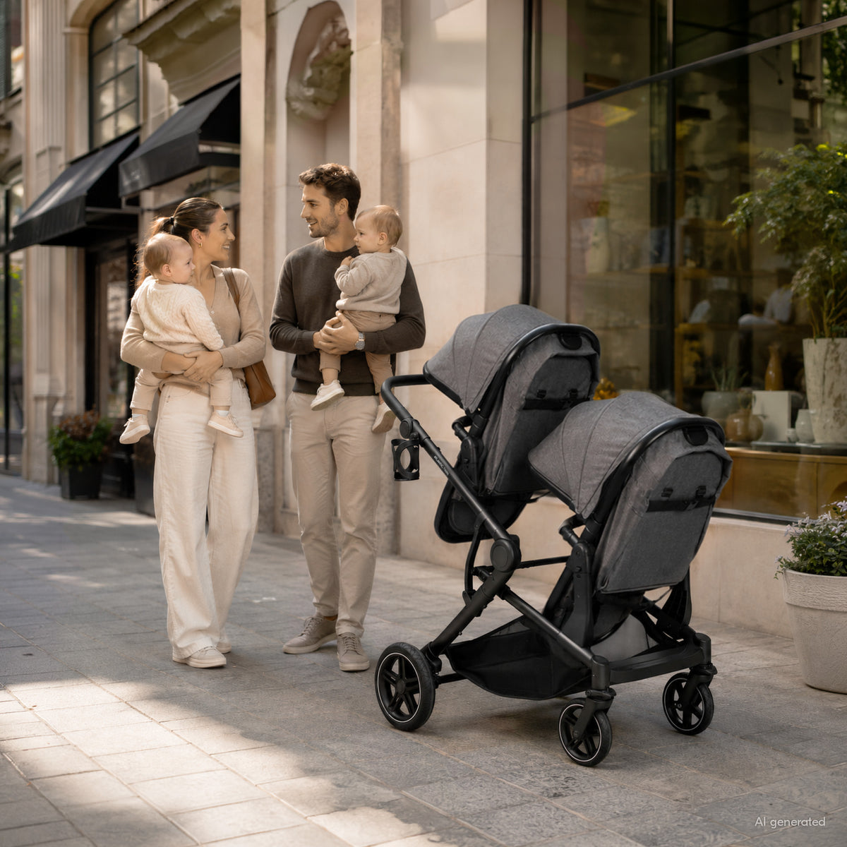 Parents carrying twins next to the Hauck Atlantic Twin double pushchair in town