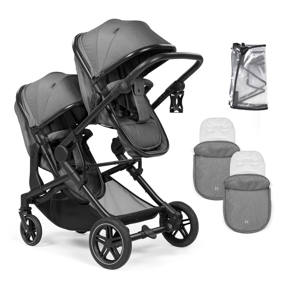 Hauck Atlantic Twin double pram in Melange Grey with two seats, footmuffs and rain cover