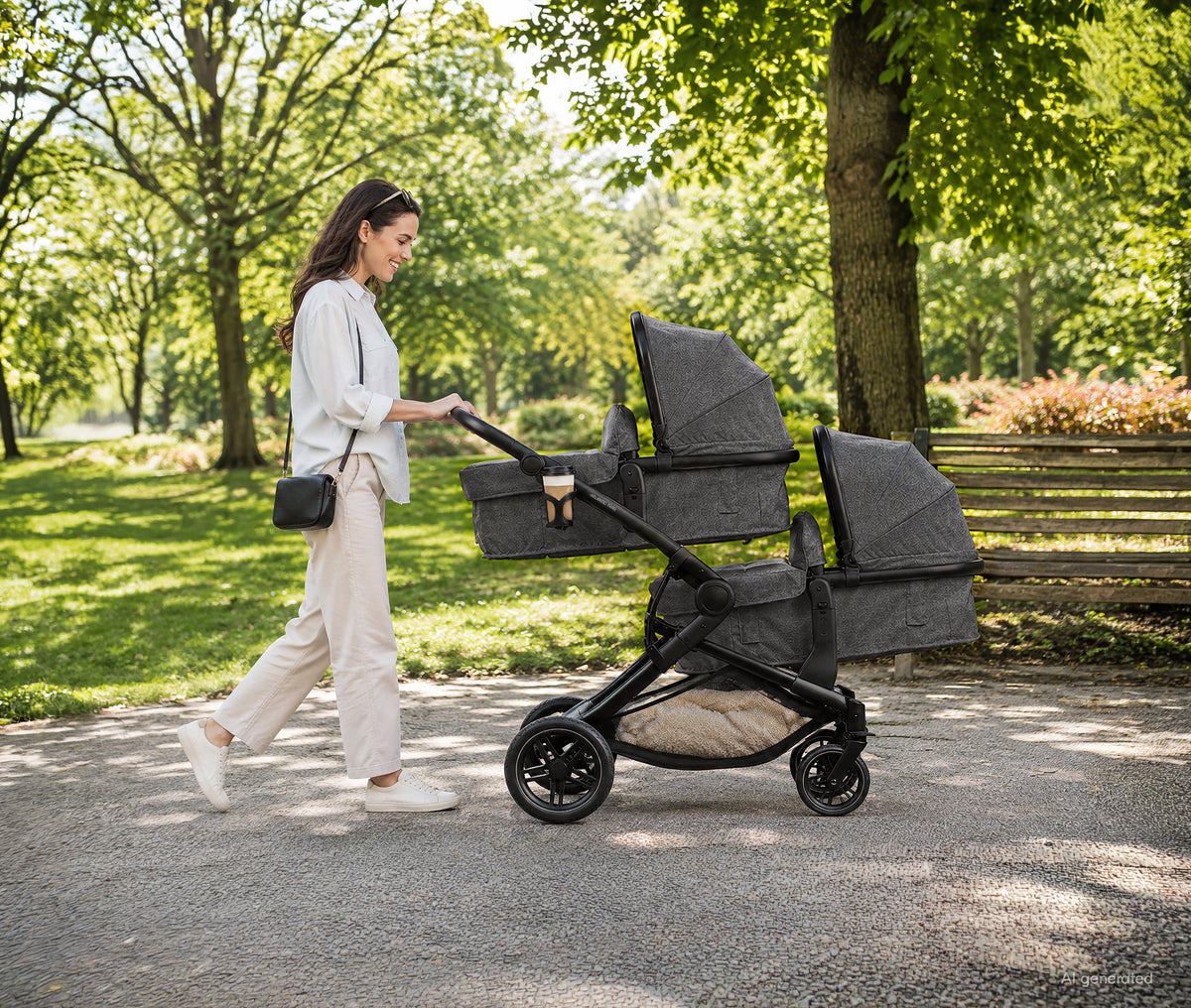 Mother pushing the Hauck Atlantic Twin with two carrycots in the park
