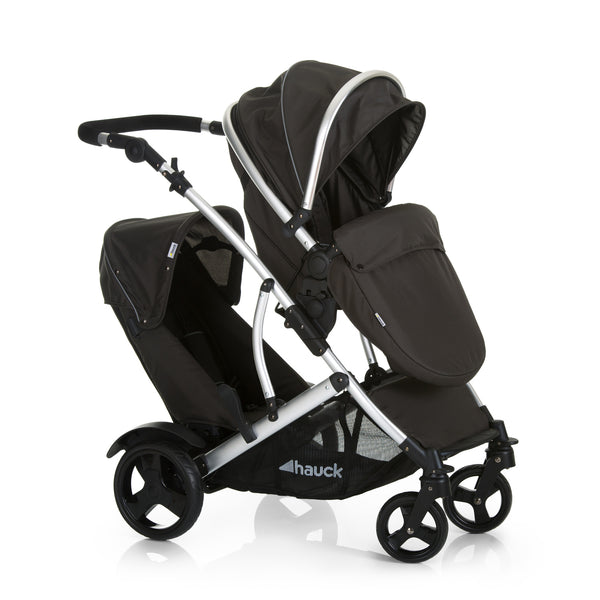 Hauck Duett 2 tandem double pram in Black with carrycot on top and toddler seat below
