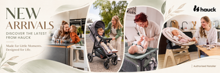 Hauck new arrivals promotional banner featuring four lifestyle photos of families using strollers, baby care products, and a high chair, with large text reading 'NEW ARRIVALS' and the Hauck logo.