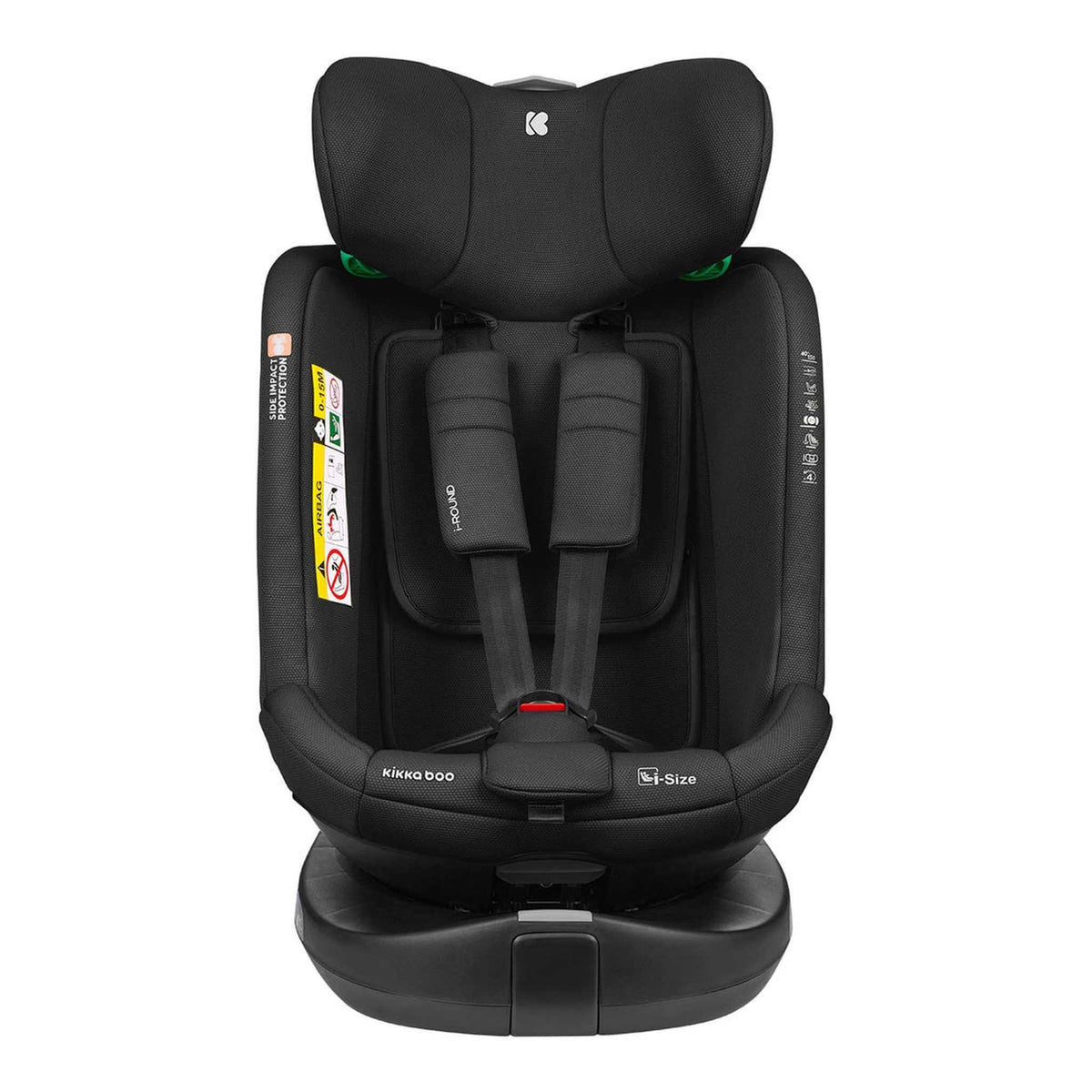 KikkaBoo i-Round i-Size Car seat ISOFIX 40-150cm Black – front view with harness