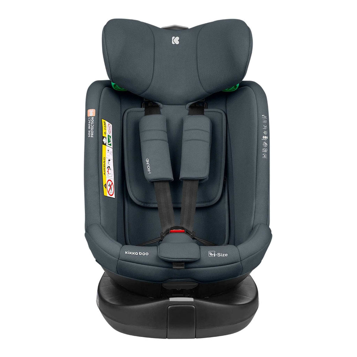 KikkaBoo i-Round i-Size Car seat ISOFIX 40-150cm Dark Grey – front view with harness