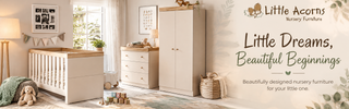 Little Acorns nursery furniture collection featuring a baby cot, wardrobe, and chest of drawers